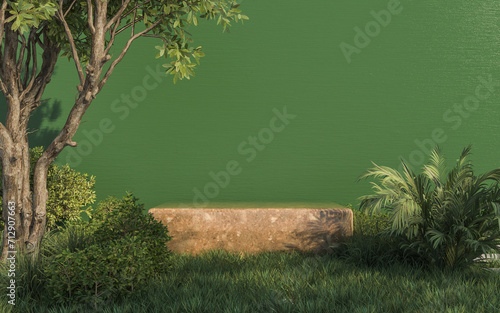 podium stage with plants on green wall background. 3d rendering