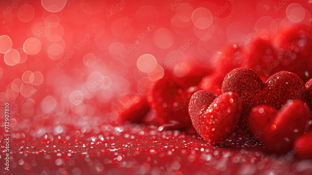Valentine's day background with red hearts with a glittery texture.