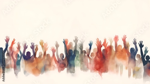 Group of multicultural people with arms and hands raised towards the sky. Charity donation, volunteer work, support and assistance, multiethnic community. Peace on earth.