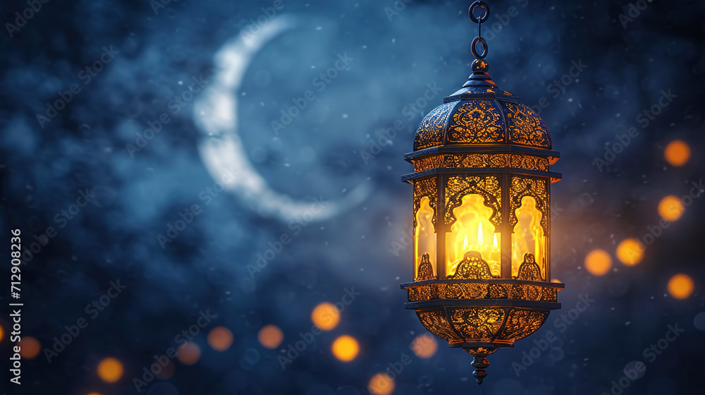 Hanging Golden Lantern from an Ornate Crescent Moon Background Hanging Golden Lantern from an Ornate Crescent Moon Background