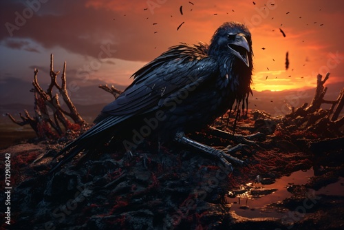 A dark and scary image of a crow or raven in an open field