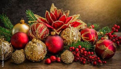 christmas decoration on a red background, Luxurious Red and Gold Ornaments in a Festive Arrangement