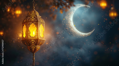 Hanging Golden Lantern from an Ornate Crescent Moon Background