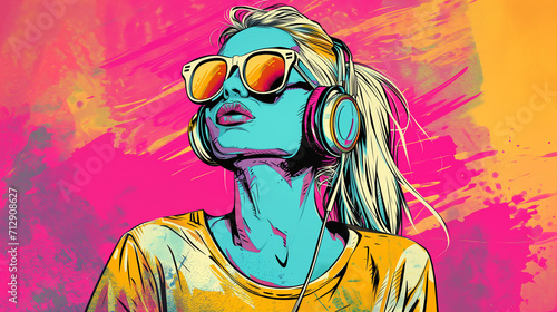  Pop art retro style pretty blonde young woman wearing headphones and sunglasses on vibrant colorful background