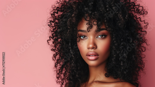 Enigmatic Beauty with Lush Curls  Deep Gaze  Pastel Pink Backdrop  Exquisite Black Woman  Rich Hair Texture  Serene Expression  Natural Makeup Elegance  Soft Lighting  Fashion Portrait  Afro-Textured 