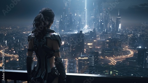 Beautiful cyberpunk girl against the backdrop of the city of the future