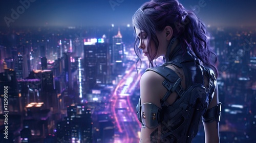 Beautiful cyberpunk girl against the backdrop of the city of the future