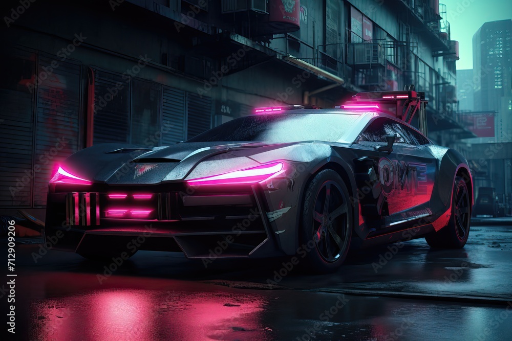 Cool cyberpunk police car in the city of the future Cool cyberpunk police car in the city of the future