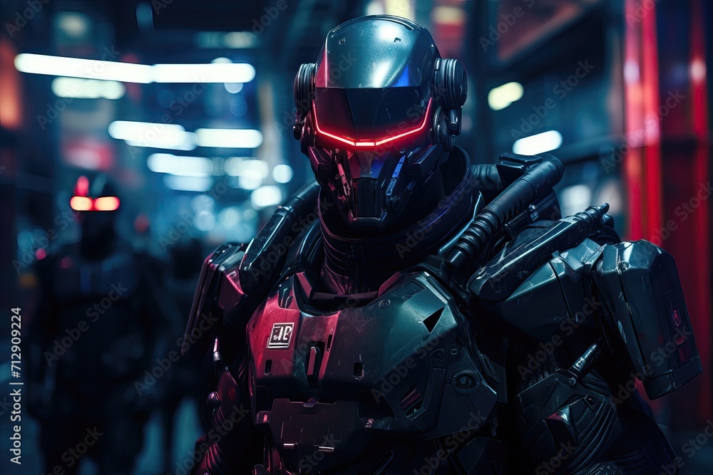 Robot policeman in cyberpunk armor against the backdrop of the city of the future Robot policeman in cyberpunk armor against the backdrop of the city of the future