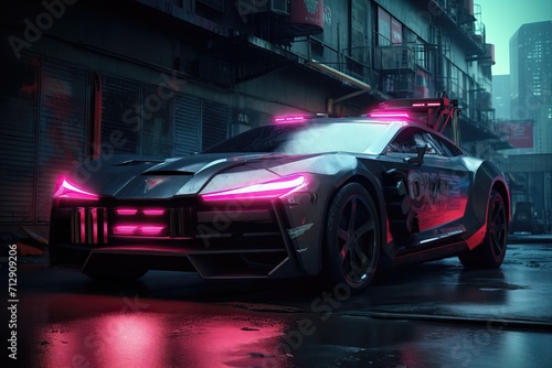 Cool cyberpunk police car in the city of the future