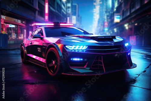 Cool cyberpunk police car in the city of the future