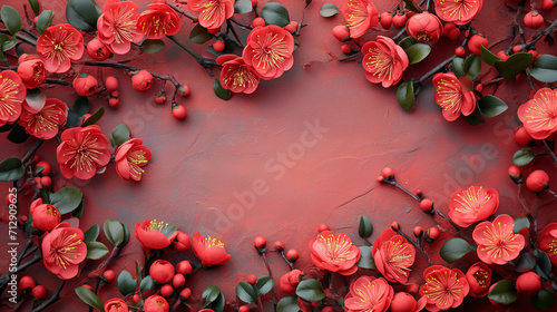 A lush frame of red blossoms and berries creating a vibrant border on a textured red background, perfect for Chinese New Year celebrations © feeling lucky