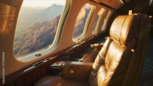 As the customdesigned interior of the private jet exudes elegance and comfort, the rugged and majestic mountains serve as a stunning backdrop outside the window. photo