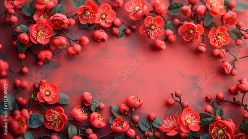 A lush frame of red blossoms and berries creating a vibrant border on a textured red background, perfect for Chinese New Year celebrations © feeling lucky