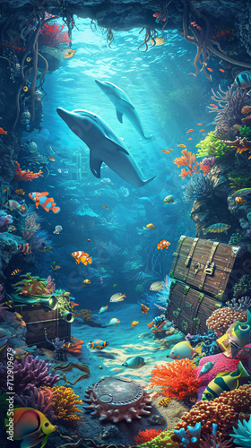 Whimsical Underwater Scenes with Playful Marine Life and Sunken Treasures for Aquatic Themed Design Projects photo