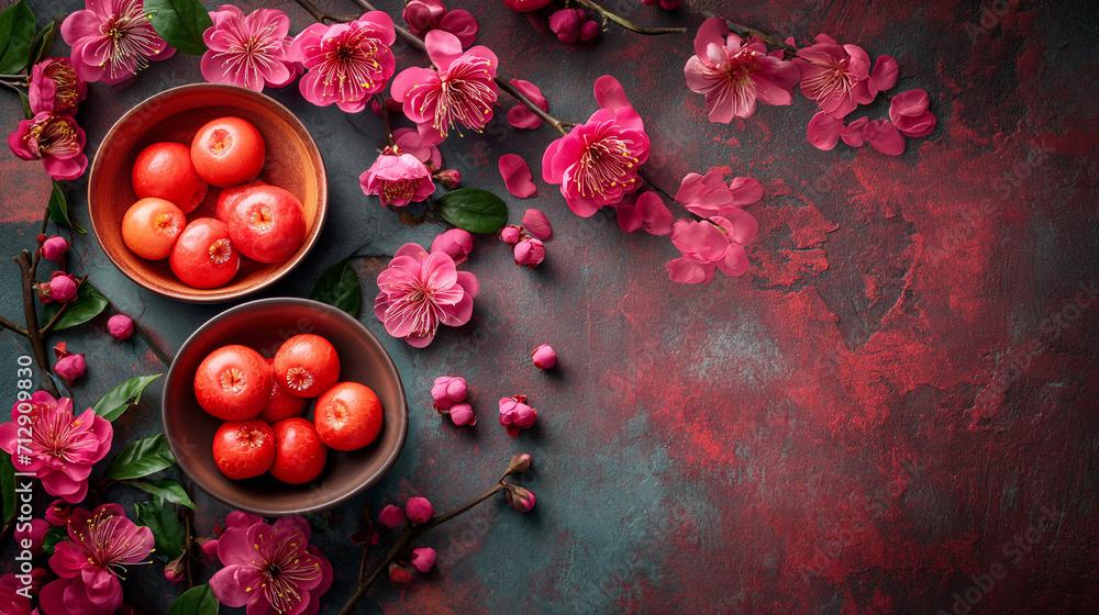 Artfully arranged oranges with intricate patterns, accompanied by vibrant plum blossoms on a textured red background. Image for Chinese New Year celebrations Concept. Artfully arranged oranges with intricate patterns, accompanied by vibrant plum blossoms on a textured red background. Image for Chinese New Year celebrations Concept.