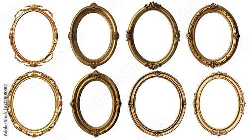set of Golden and wooden frames on transparent background. circle frame