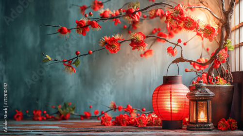 Several lanterns hanging from a cherry blossom tree with red flowers. Background image for Chinese New Year celebrations.