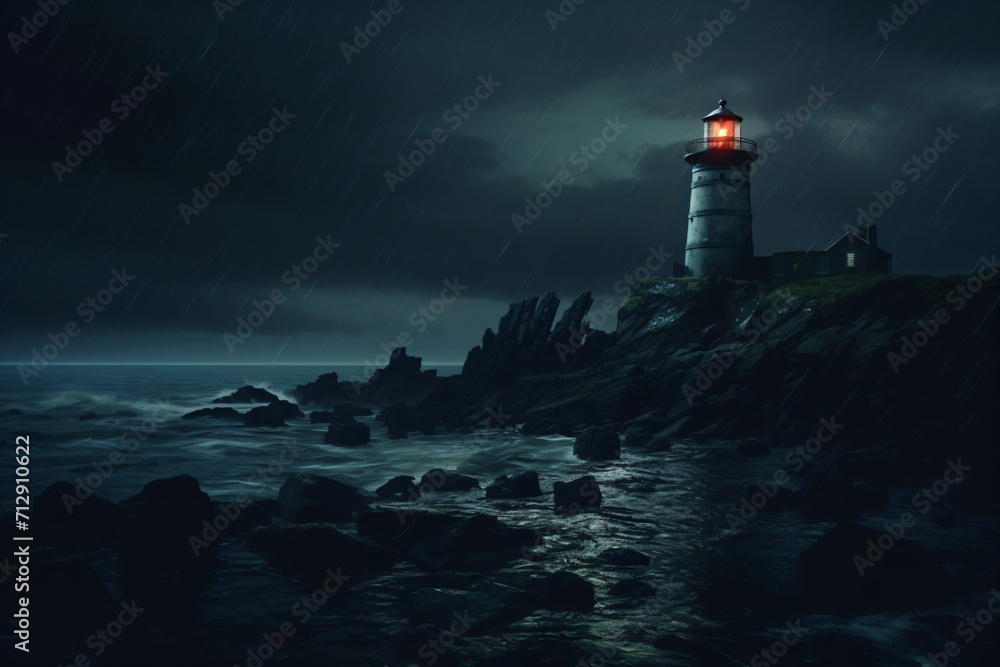 A lighthouse near the shore captured during the nighttime