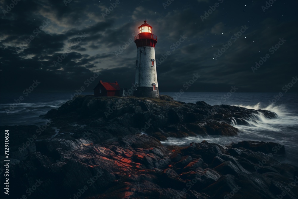 A lighthouse near the shore captured during the nighttime