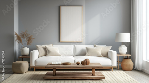 Wooden square coffee table near white sofa in room with grey wall with art poster. Minimalist elegant home interior design of modern living room