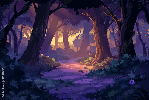 Game asset, illustration of a trail cutting through a dark magical forest and sundown