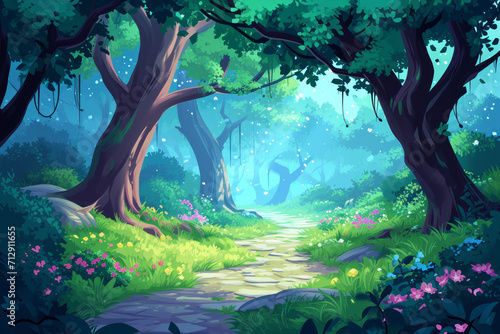 Game asset, illustration of a trail cutting through a floral magical forest