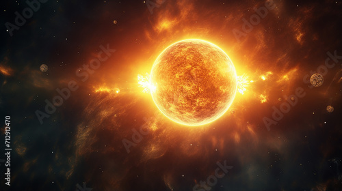 bright sun against dark starry sky in solar system