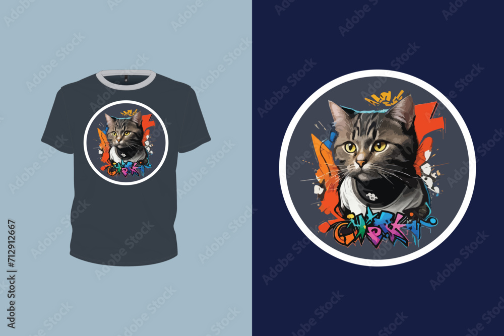 cat illustration with graffiti art for t-shirt design, animal art, print ready vector file