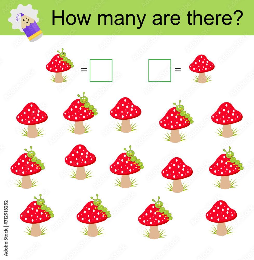 Math activity for kids. Developing numeracy skills. Cartoon worm, mushroom. Math activity for kids. Developing numeracy skills. Cartoon worm, mushroom.
