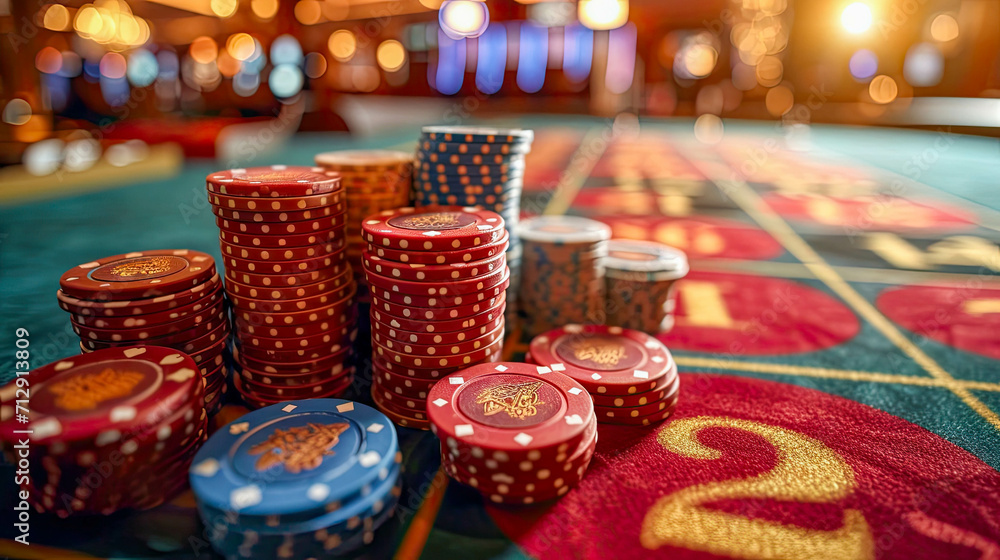 Casino roulette table with chips and cards, shallow depth of field