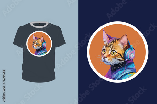 music lover nice cat illustration with headphone for t-shirt design, animal art, print ready vector file