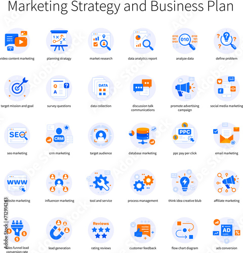 Marketing Strategy and Business Plan Icon Set Orange Blue color