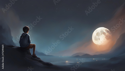 digital painting of alone boy looking at the full moon.