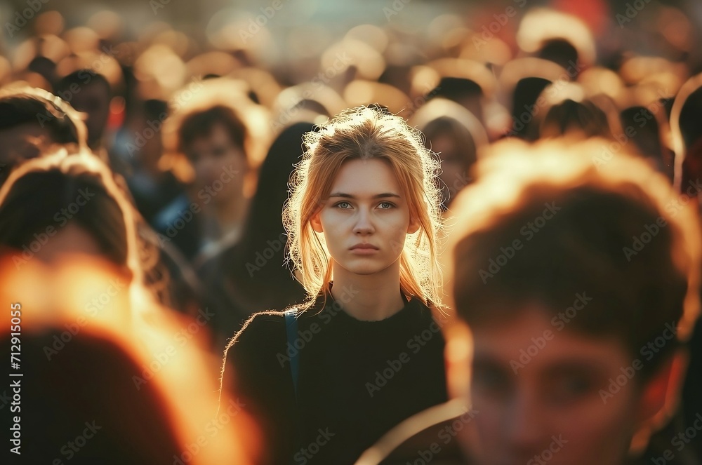 Young woman standing out from the crowd Young woman standing out from the crowd