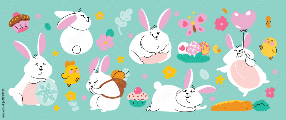 Cute rabbit and easter element vector set. Hand drawn fluffy rabbit, easter egg, flower, carrot, chick, cupcake. Collection of doodle bunny and adorable design for decorative, card, kids, sticker.