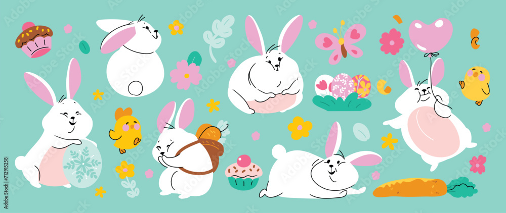Cute rabbit and easter element vector set. Hand drawn fluffy rabbit, easter egg, flower, carrot, chick, cupcake. Collection of doodle bunny and adorable design for decorative, card, kids, sticker. Cute rabbit and easter element vector set. Hand drawn fluffy rabbit, easter egg, flower, carrot, chick, cupcake. Collection of doodle bunny and adorable design for decorative, card, kids, sticker.