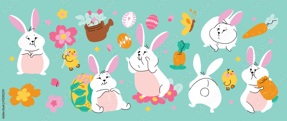 Cute rabbit and easter element vector set. Hand drawn fluffy rabbit, easter egg, spring flowers, carrot, chick. Collection of doodle bunny and adorable design for decorative, card, kids, sticker.
