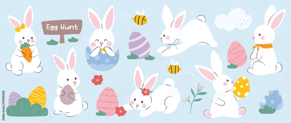 Cute rabbit and easter element vector set. Hand drawn fluffy rabbit, easter egg, spring flower, carrot, chick, bee. Collection of doodle bunny and adorable design for decorative, card, kids, sticker. Cute rabbit and easter element vector set. Hand drawn fluffy rabbit, easter egg, spring flower, carrot, chick, bee. Collection of doodle bunny and adorable design for decorative, card, kids, sticker.