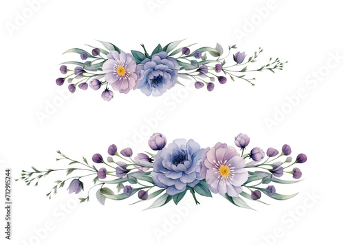 bouquet of flowers frame watercolor illustration purple tone for wedding card