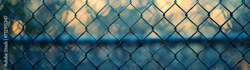 A tangled web of wire fencing, a barrier between two worlds, reflects the cold blue hues of an outdoor landscape in this abstract building of division and confinement
