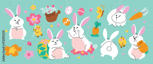 Cute rabbit and easter element vector set. Hand drawn fluffy rabbit, easter egg, spring flowers, carrot, chick. Collection of doodle bunny and adorable design for decorative, card, kids, sticker.