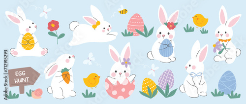 Cute rabbit and easter element vector set. Hand drawn fluffy rabbit, easter egg, spring flower, carrot, chick, bee. Collection of doodle bunny and adorable design for decorative, card, kids, sticker.