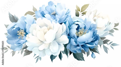 watercolor illustration of light blue flowers, flower clip art. Bouquet of peonies. generative ai photo