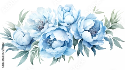 watercolor illustration of light blue flowers, flower clip art. Bouquet of peonies. generative ai photo
