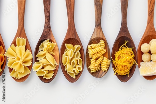 Wooden spoons with various uncooked pasta on white background