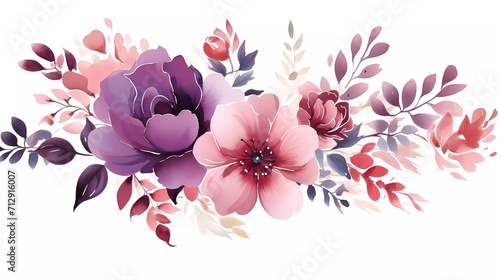 illustration Red and purple flowers, leaves clip art watercolor flowers. generative ai © KBL Sungkid