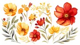 illustration Red and yellow flowers, leaves clip art watercolor flowers. generative ai