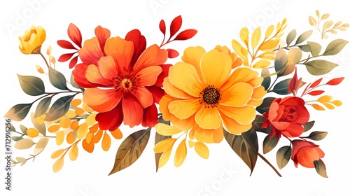 illustration Red and yellow flowers, leaves clip art watercolor flowers. generative ai