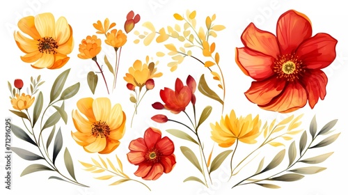 Fototapeta Naklejka Na Ścianę i Meble -  illustration Red and yellow flowers, leaves clip art watercolor flowers. generative ai